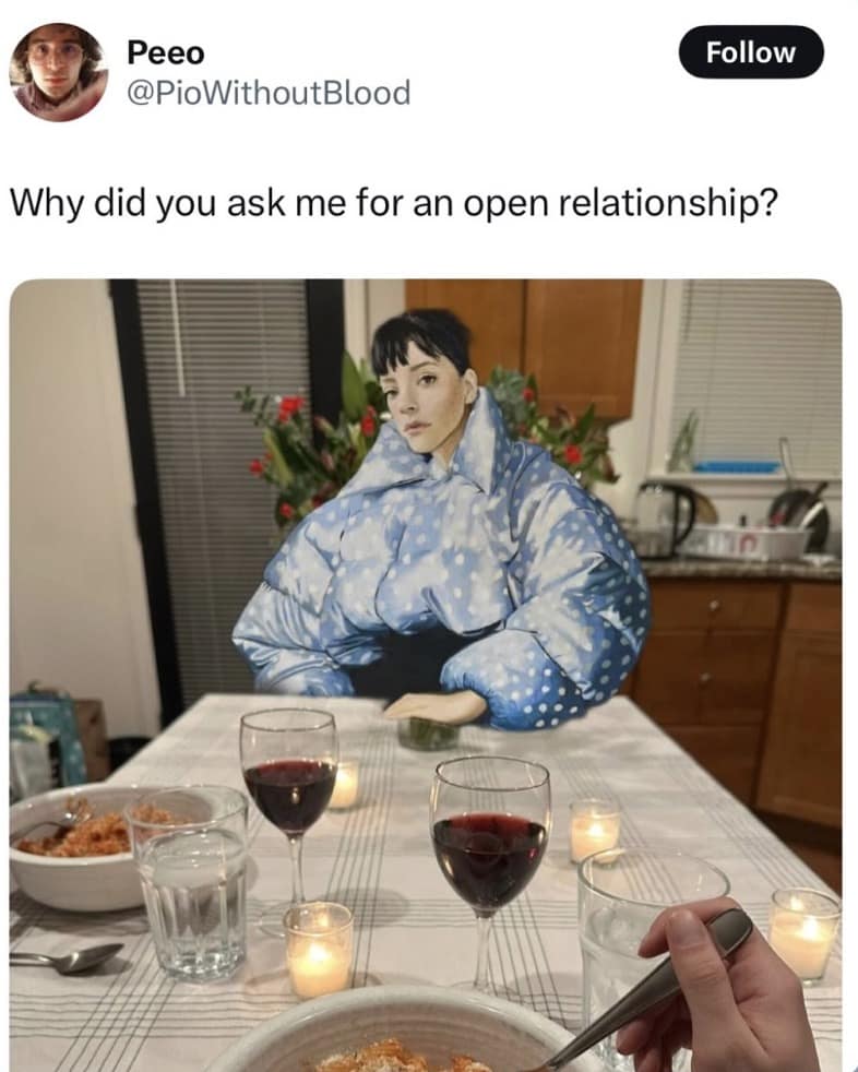 A surreal Lily Allen West End Girl meme photoshopping the singer at a dinner table discussing open relationships