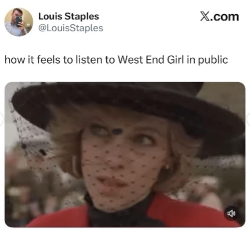 Funny Lily Allen West End Girl meme using Kristen Stewart as Princess Diana to show how the song feels in public