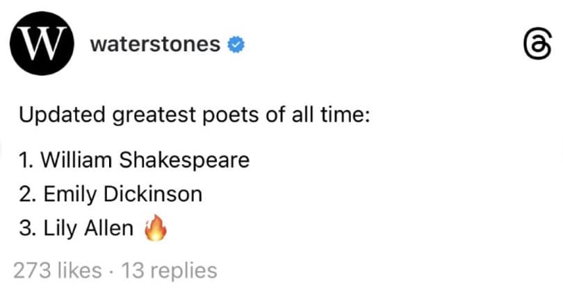 A Lily Allen West End Girl meme showing Waterstones jokingly ranking her among the greatest poets of all time