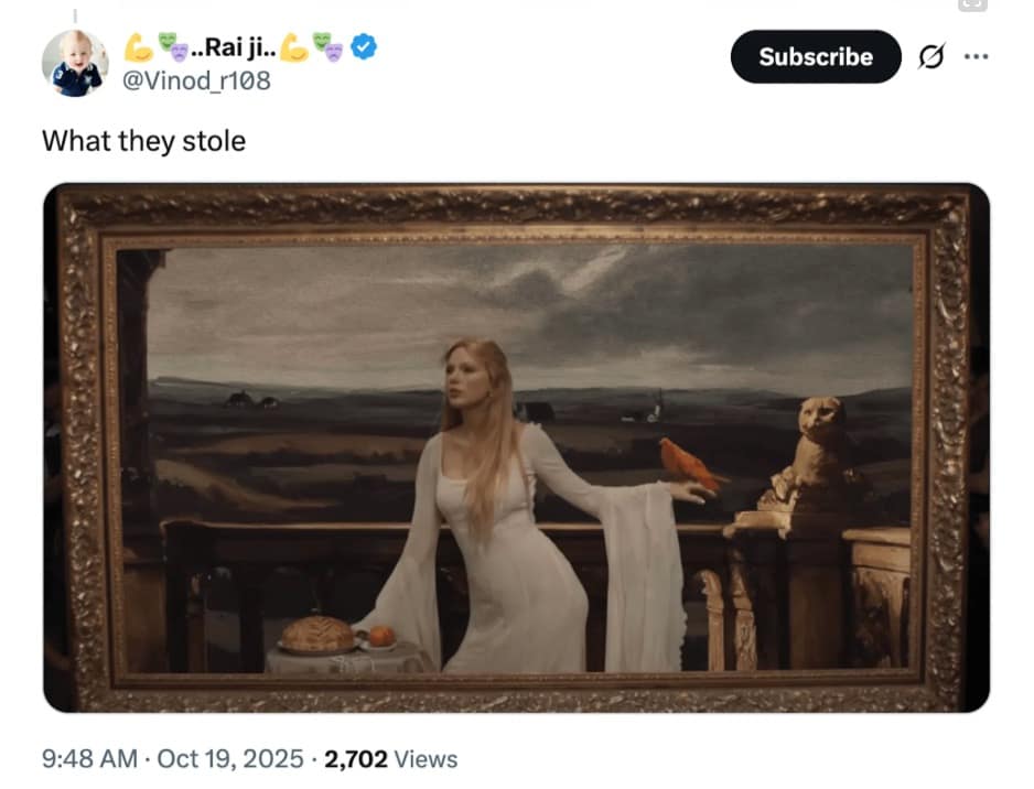 A funny Louvre heist meme joking that the thieves stole a Taylor Swift painting instead of classical art.