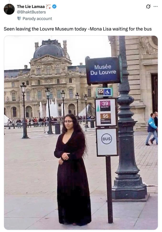 A funny Louvre heist meme photoshop showing the Mona Lisa waiting casually for a bus outside the museum.