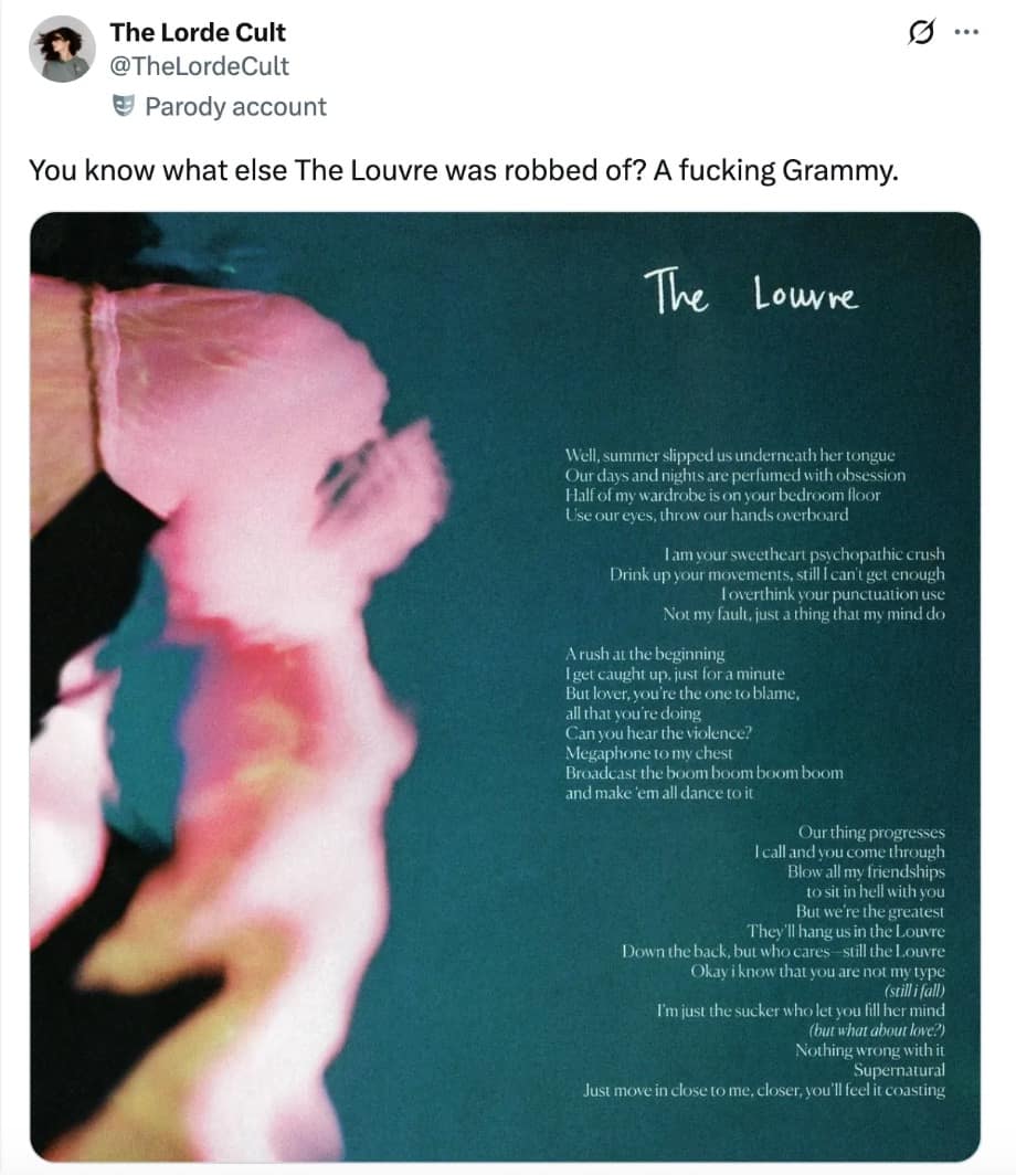 A clever Louvre heist meme pun referencing the Lorde song "The Louvre" and her missing Grammy award.