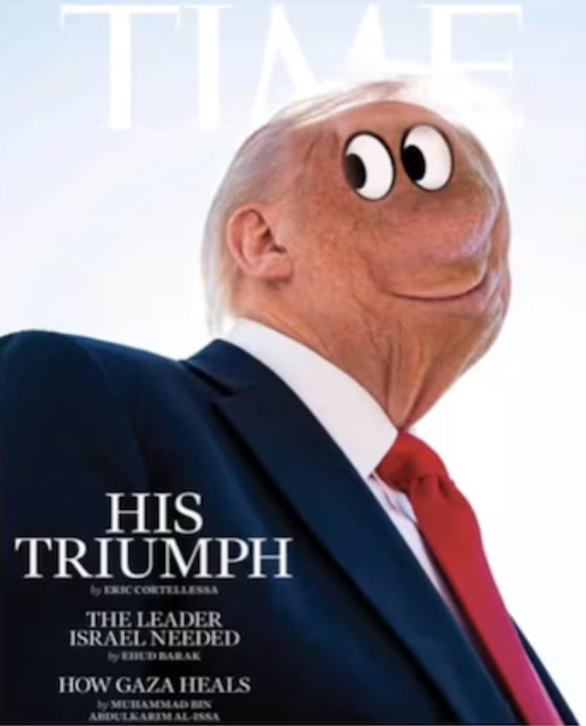 A simple but funny Trump Time Magazine cover meme edit with googly eyes photoshopped onto his face.