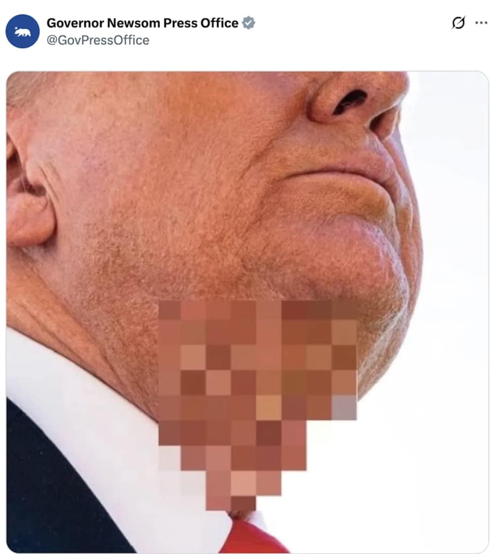 A Trump Time Magazine cover meme from Governor Newsom's office with the neck area pixelated like a censor bar.