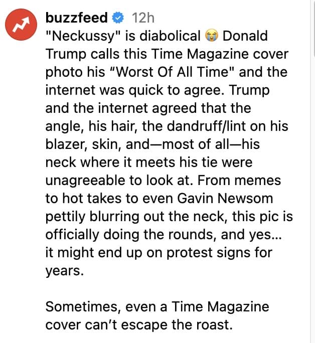 A BuzzFeed article explaining the viral nature of the Trump Time Magazine cover meme.