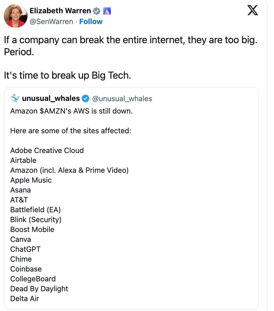 An AWS outage meme showing Elizabeth Warren using the outage to call for breaking up Big Tech