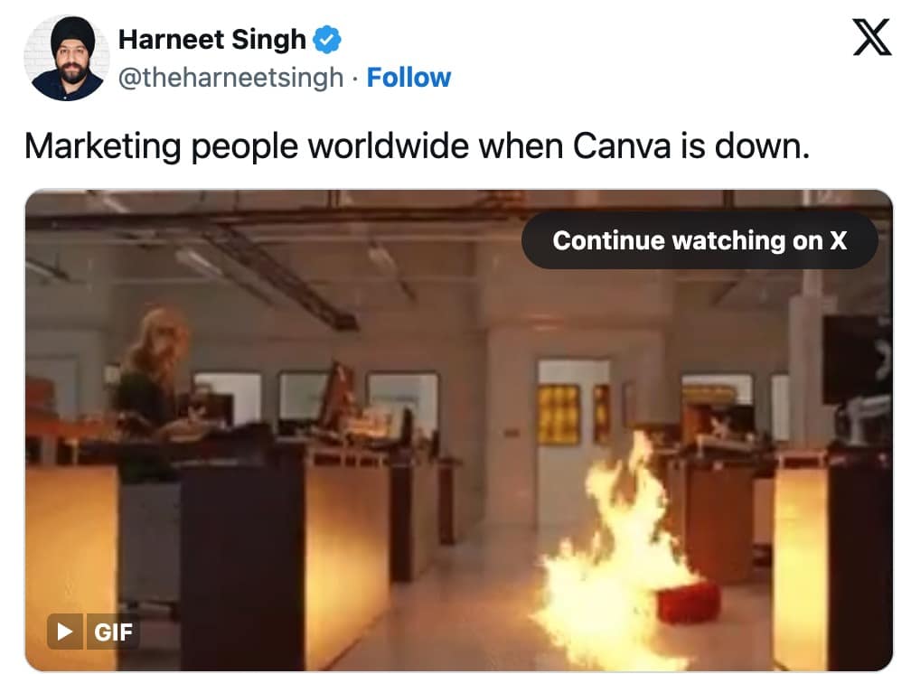 Another AWS outage meme using a GIF of an office fire to represent marketing teams when Canva is down