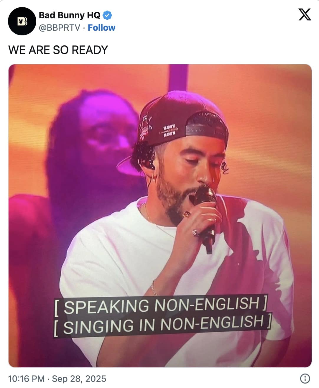 A funny bad bunny halftime show meme showing the artist singing with the subtitles "[SINGING IN NON-ENGLISH]."