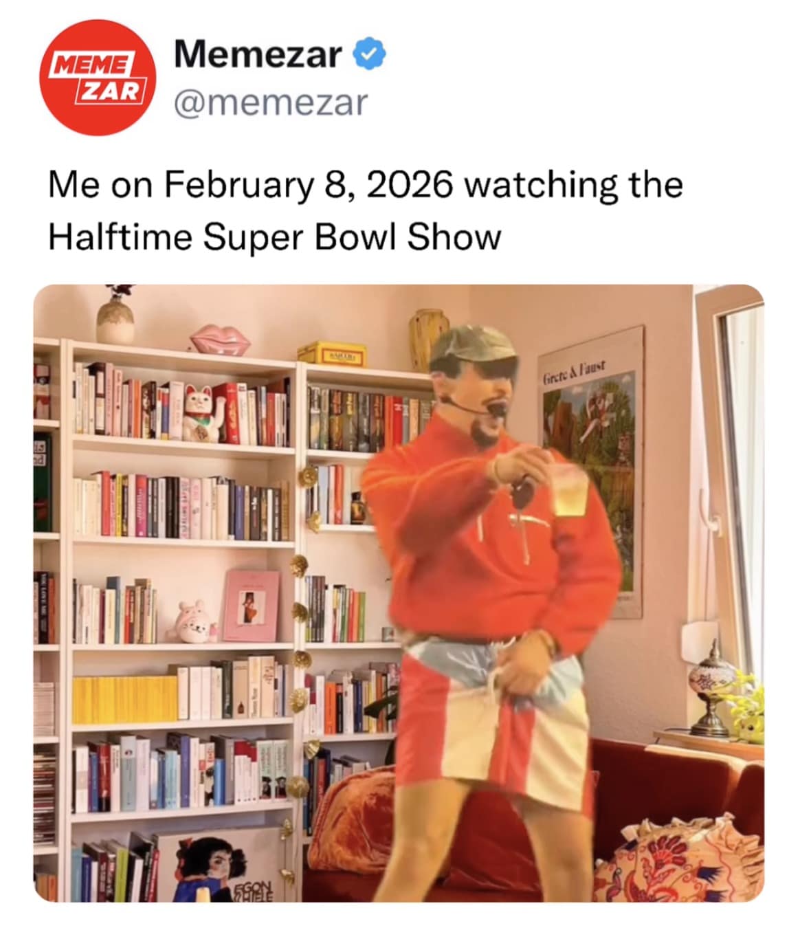 A funny bad bunny super bowl meme of a fan dressed like the artist, ready to watch the halftime show from home.