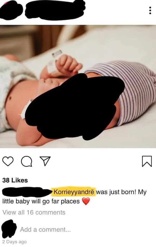 A newborn baby announcement featuring the incredibly complicated and bad name "Korrieyyandrë" (Coriander).