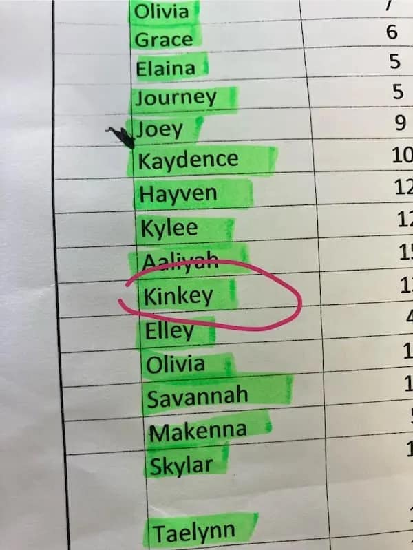 A school attendance sheet with the very unfortunate and bad name "Kinkey" circled in red.