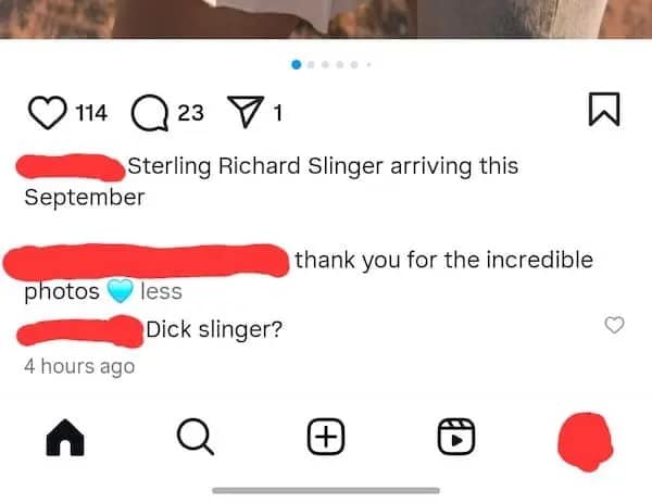 An Instagram comment pointing out the unfortunate initials of the bad name "Sterling Richard Slinger."