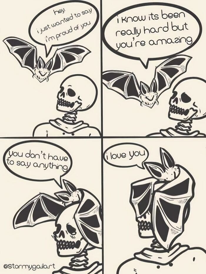 A wholesome bat meme comic showing a friendly bat giving emotional support and a hug to a skeleton.