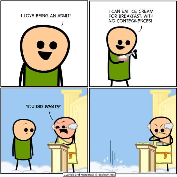 A funny Cyanide and Happiness comic about facing the ultimate consequences for eating ice cream for breakfast.