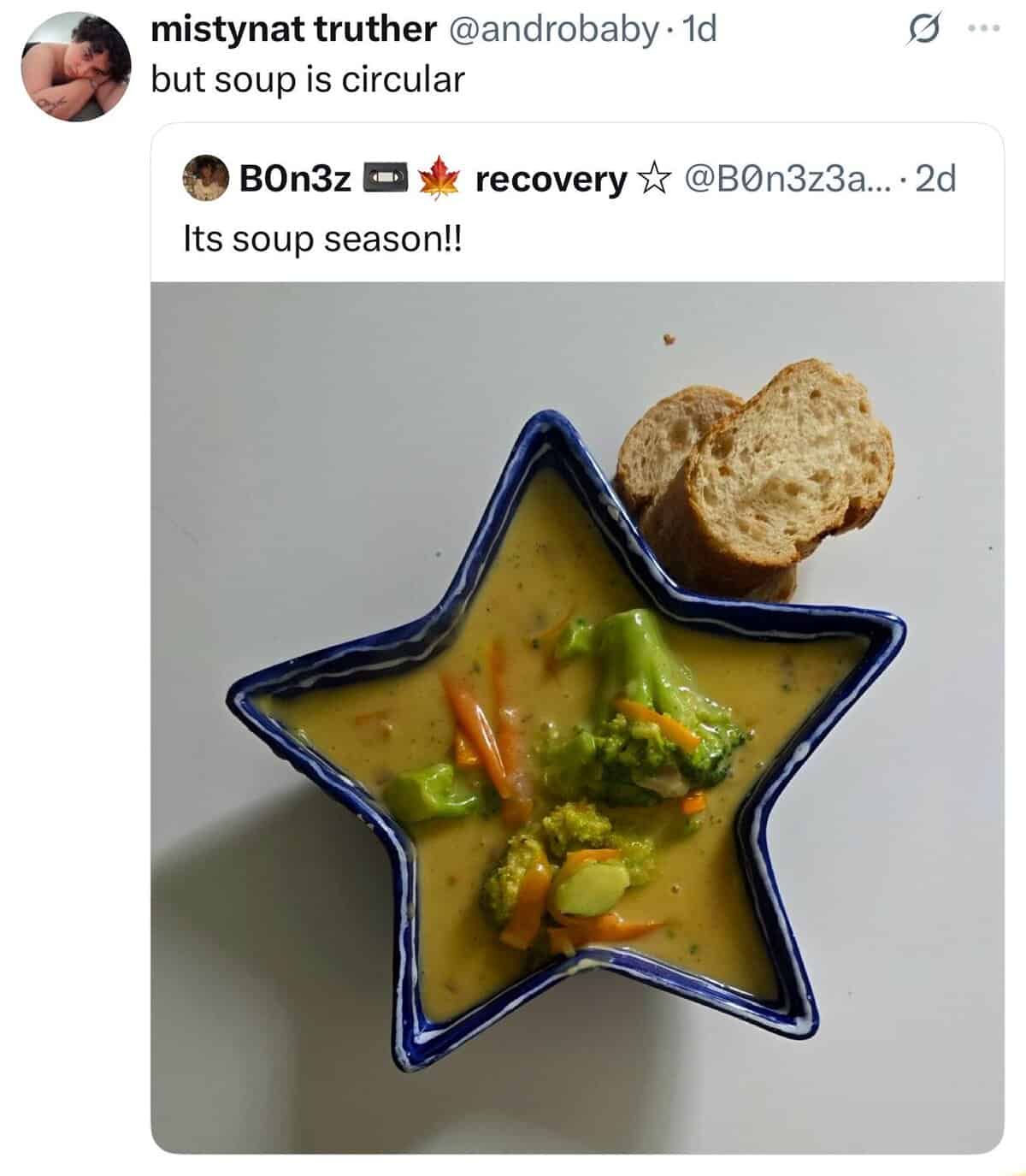 A tweet about soup in a star-shaped bowl with the absurdly funny reply "but soup is circular."
