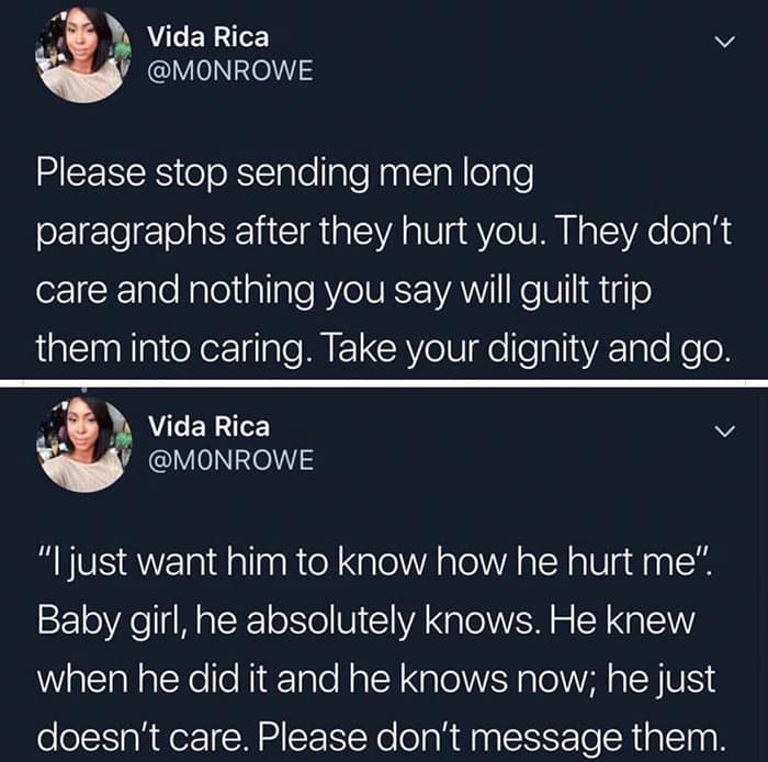 Cheating meme featuring tweet advice against sending long paragraphs to men who hurt you, stating they don't care.