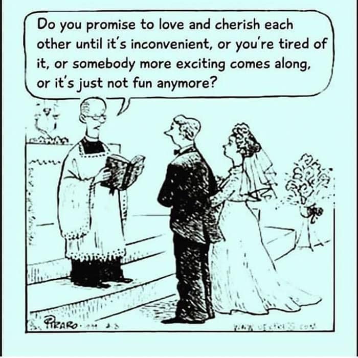 Funny cheating meme cartoon showing a priest reading cynical, realistic wedding vows about infidelity and boredom.