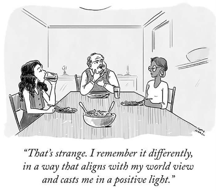 Funny cheating meme cartoon showing a person remembering events in a self-serving, positive light during dinner conversation.