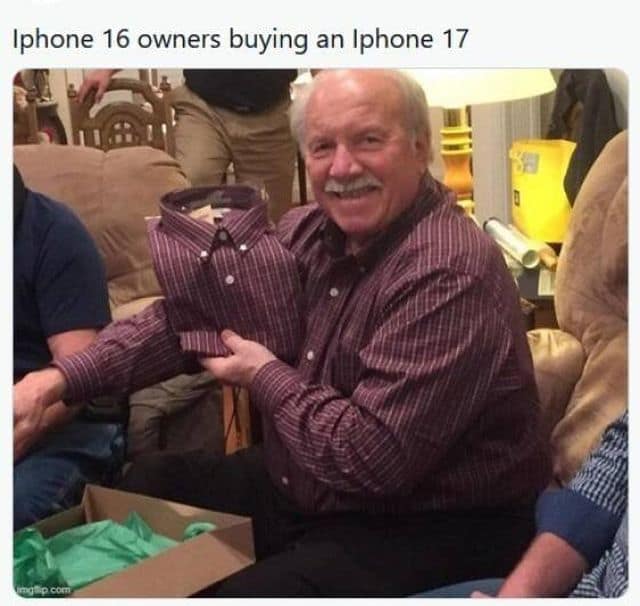 A classic meme that roasts the annual iPhone upgrade cycle by showing a man holding a tiny shirt that matches his own.