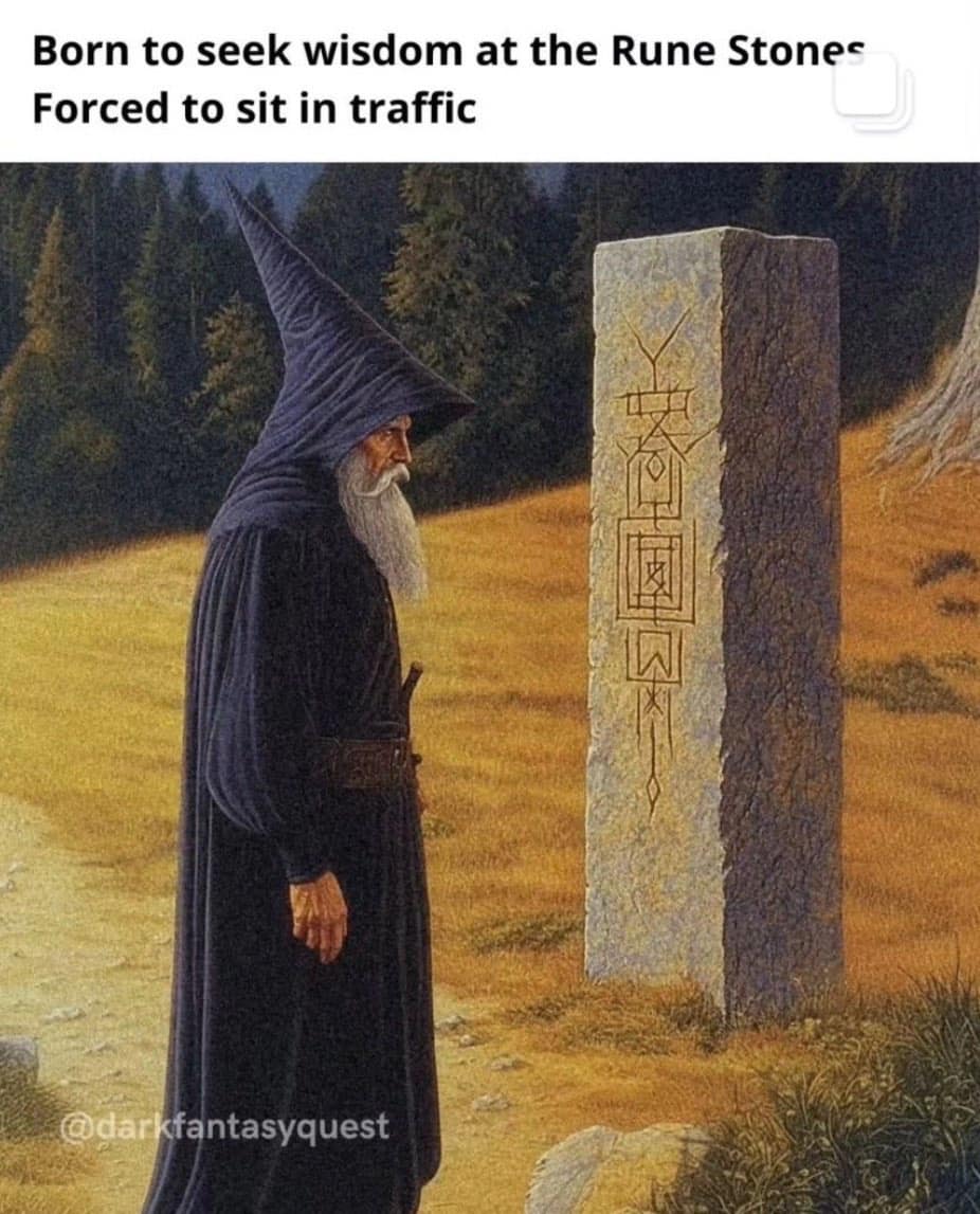 A classic meme using a fantasy painting to contrast epic desires with mundane reality.