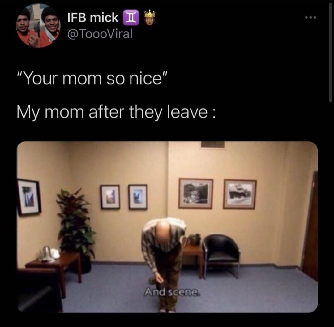 A classic meme using an image from 'Arrested Development' to show moms acting nice for guests.