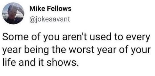 A classic meme from a viral tweet that says, "Some of you aren't used to every year being the worst year of your life and it shows.