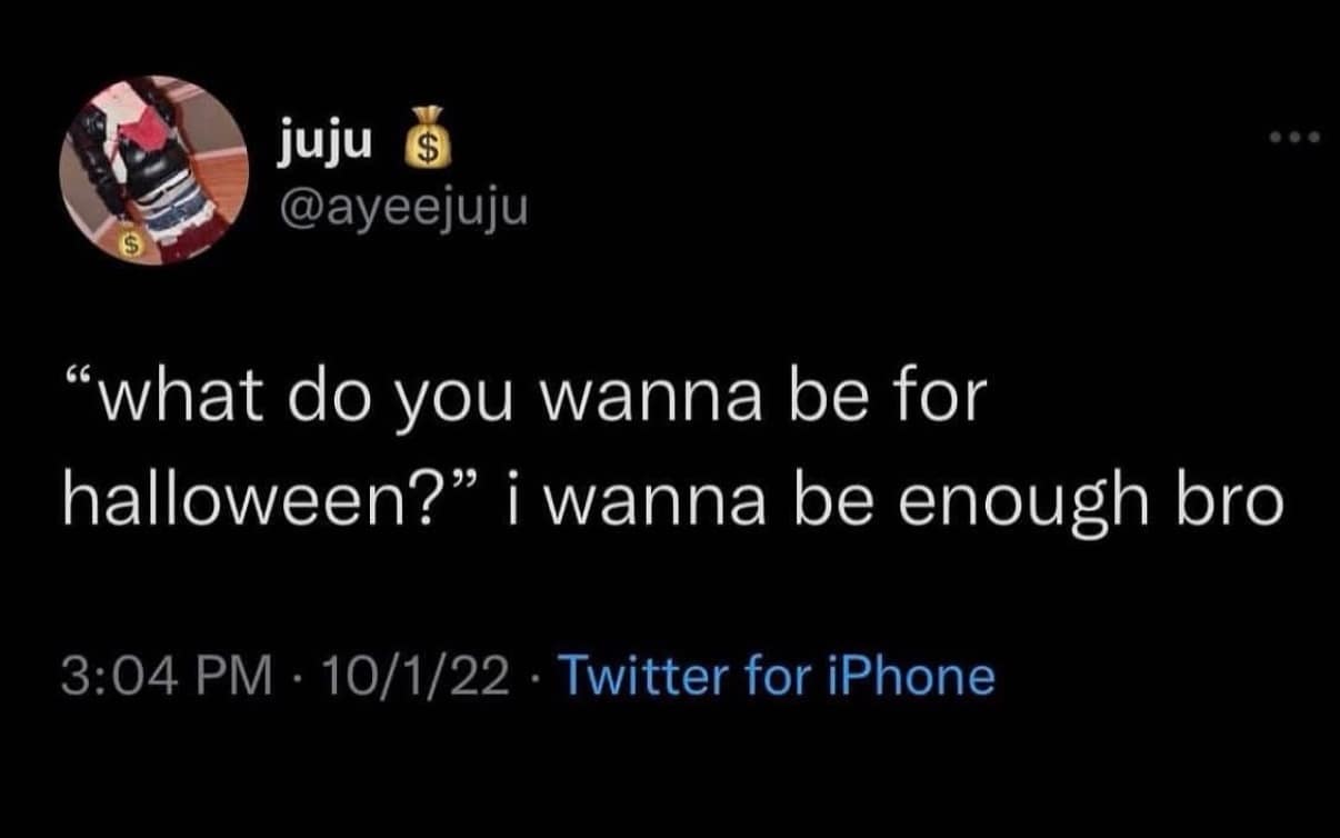 A classic meme viral tweet turning a Halloween costume question into existential angst.