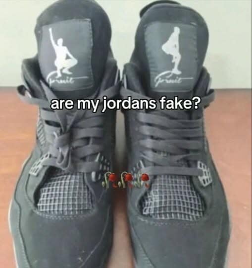 A classic meme showing a pair of fake Air Jordans that have a Kermit the Frog logo instead of the Jumpman logo.