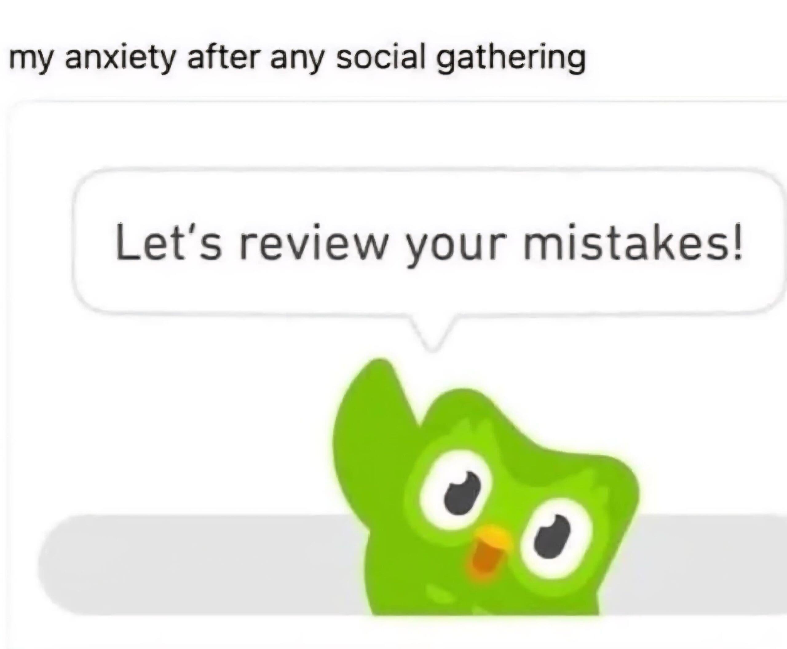 An old meme using the Duolingo owl to represent the anxiety you feel after a social gathering.