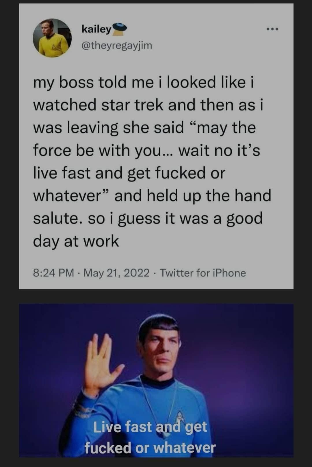 A funny classic meme about a boss messing up a Star Trek quote and hand salute.