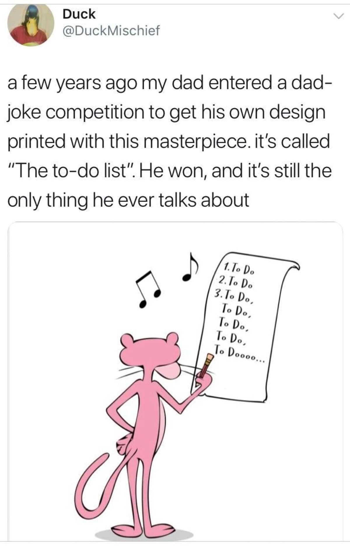 A wholesome classic meme of a dad joke winning a competition with a Pink Panther pun