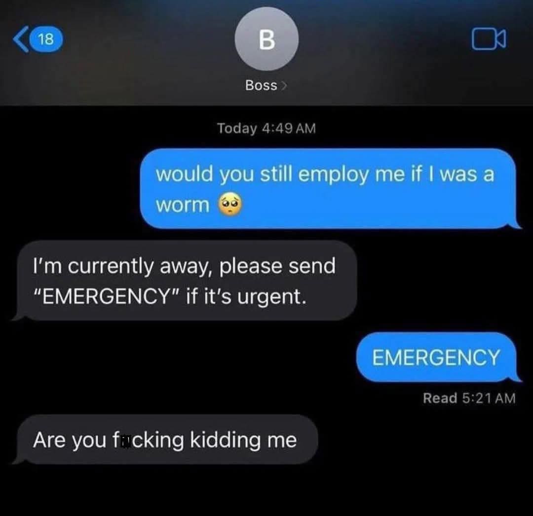A classic meme of a text exchange where someone asks their boss "would you still employ me if I was a worm?" as an emergency.