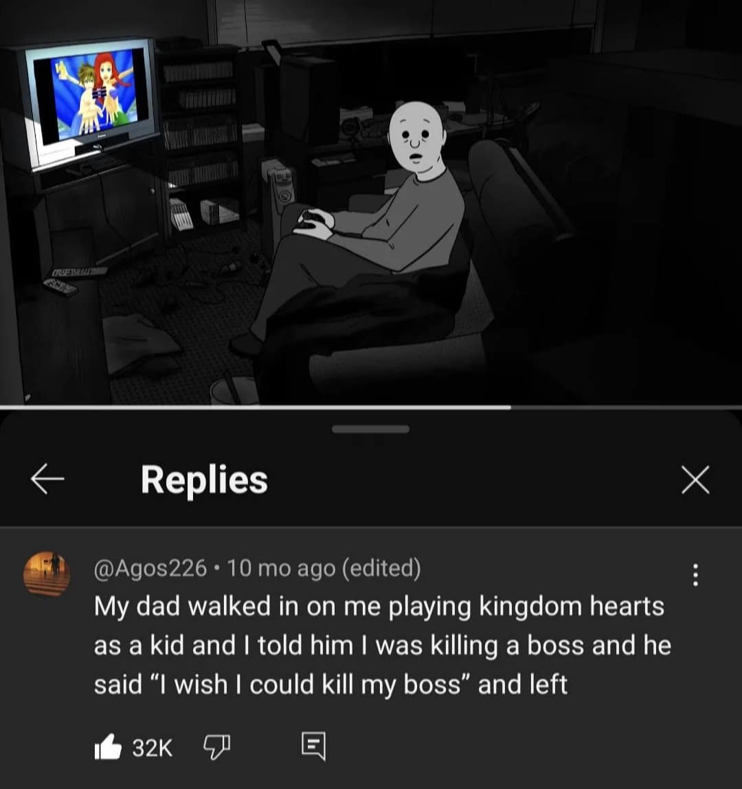 A classic meme showing a funny YouTube comment about a dad's unexpectedly dark reaction to a video game