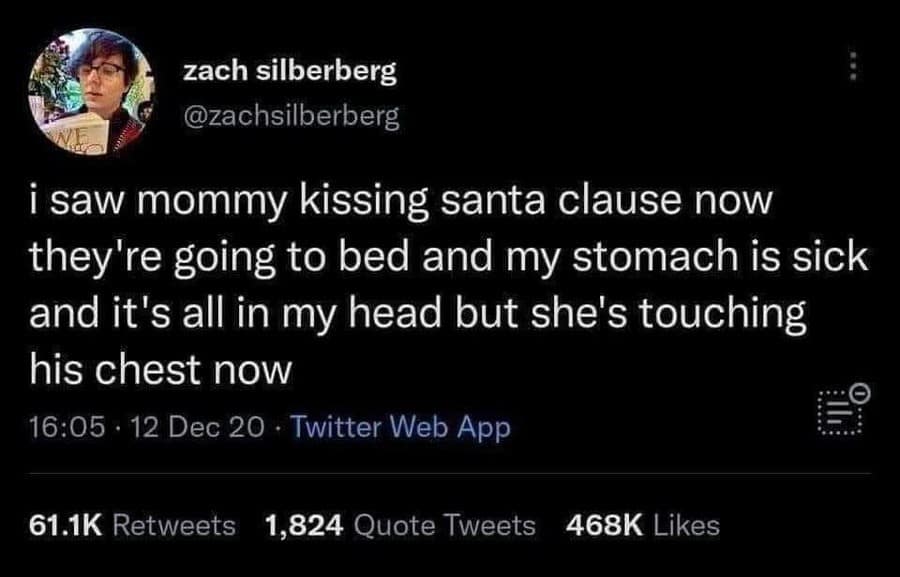 A classic meme of a viral tweet that rewrites a Christmas song to the tune of "Mr. Brightside."