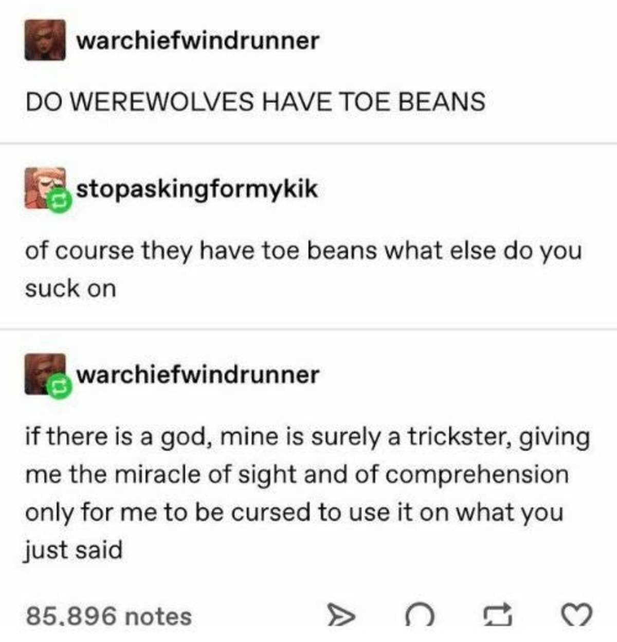 A vintage meme from a cursed Tumblr thread about whether werewolves have toe beans.