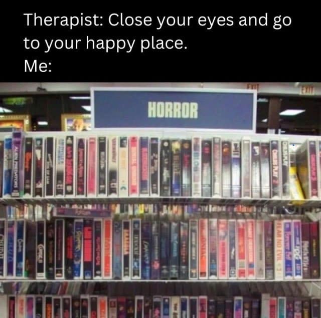 A classic meme for horror fans showing the horror section of a video store as a happy place
