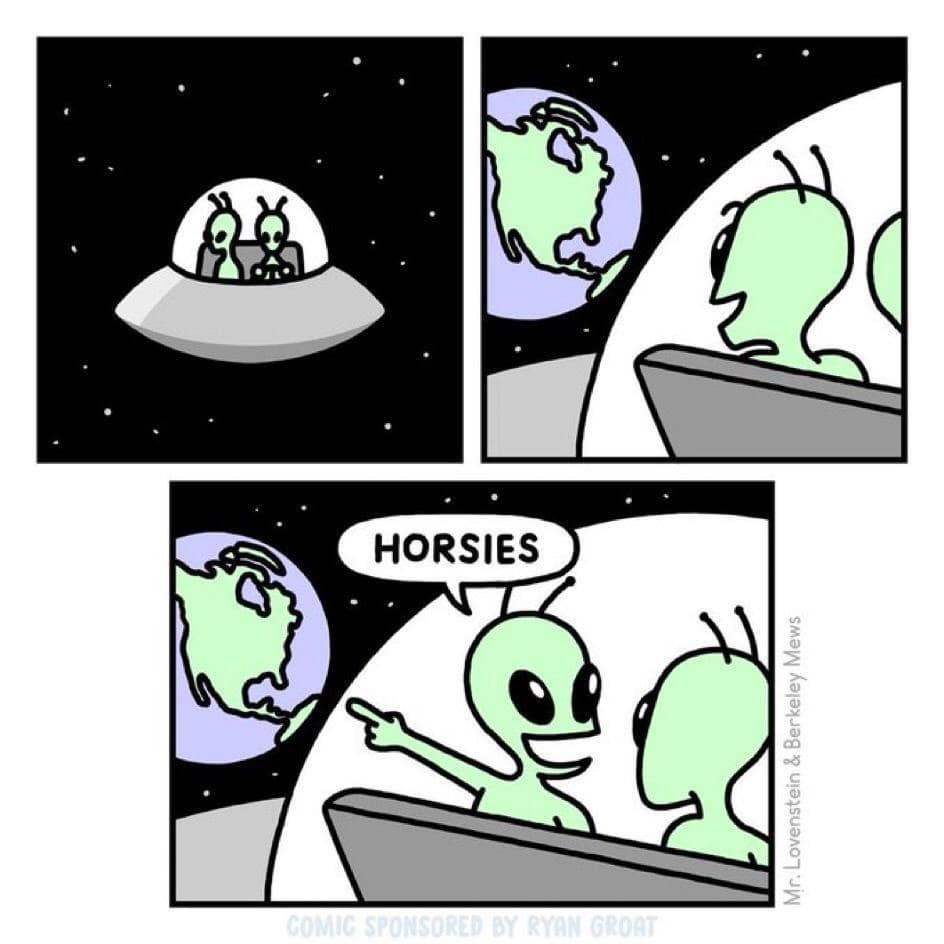 A classic meme of a webcomic where aliens discover Earth and are excited by "horsies."