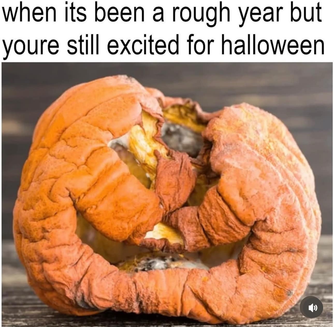 A classic meme of a rotten pumpkin showing excitement for Halloween despite a rough year.