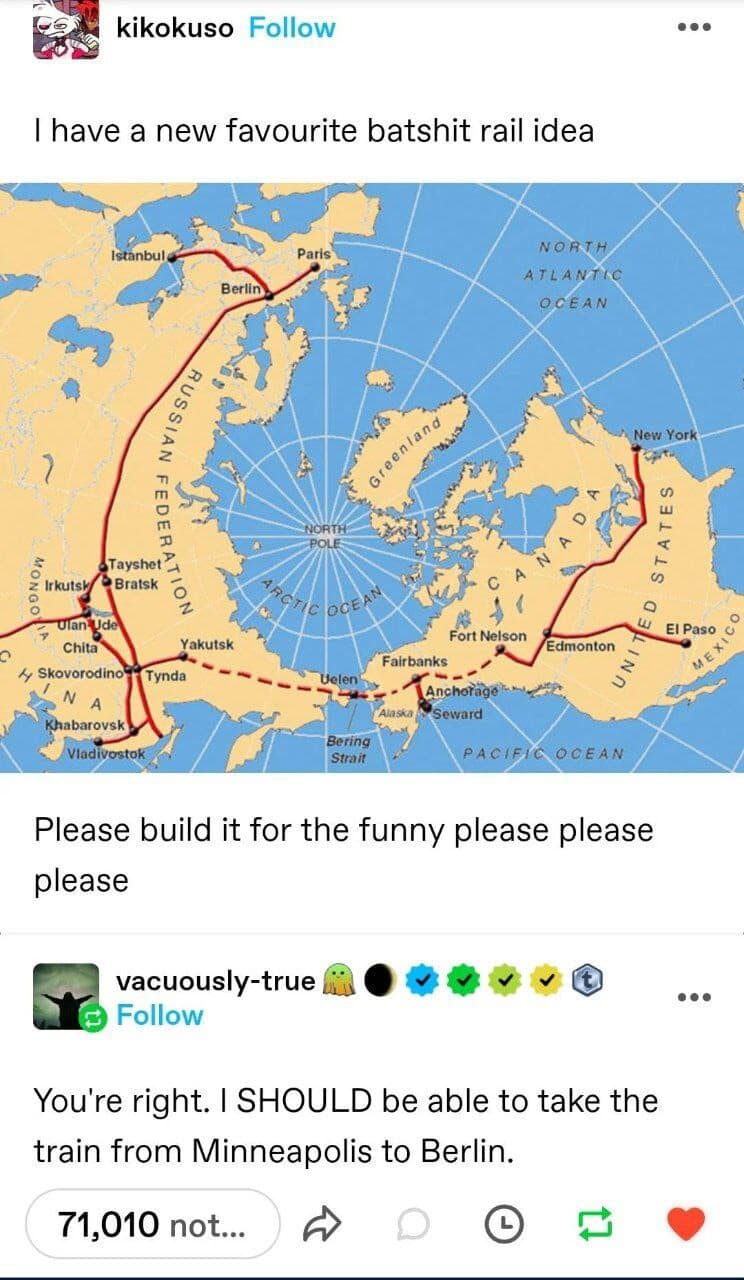 A classic meme showing a wild idea for a train route connecting North America and Europe.