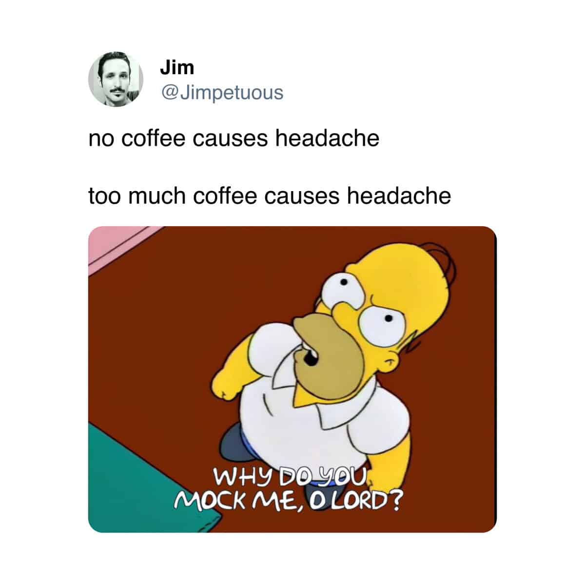 A funny Homer Simpson meme about the frustration of getting a headache from both no coffee and too much coffee.