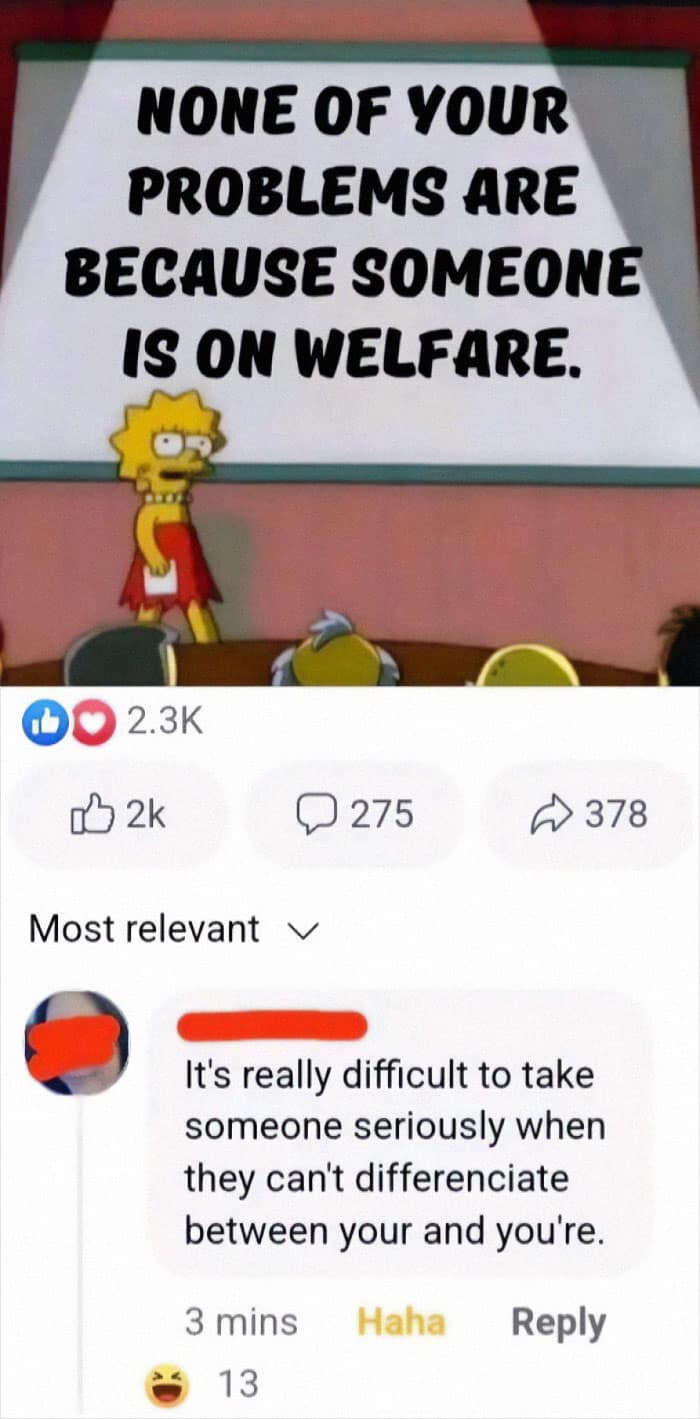 A classic confidently incorrect comment trying to correct the grammar of a Lisa Simpson meme.