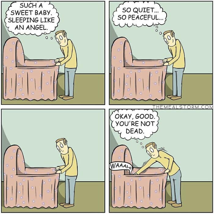 A dark humor comic about the anxiety of a parent checking on their peacefully sleeping baby to make sure they're not dead.
