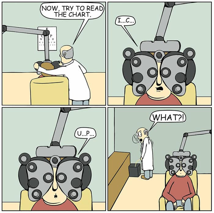 A funny comic strip from Daniel Scully where a patient spells out "I C U P" during an eye exam, horrifying the doctor.