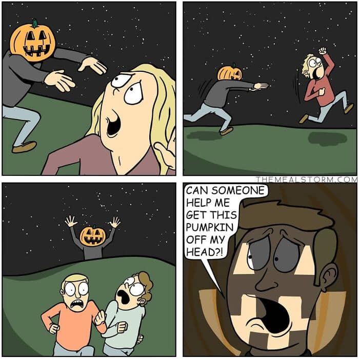 A dark humor comic for Halloween where a scary pumpkin-headed man is just a guy who can't get a pumpkin off his head.