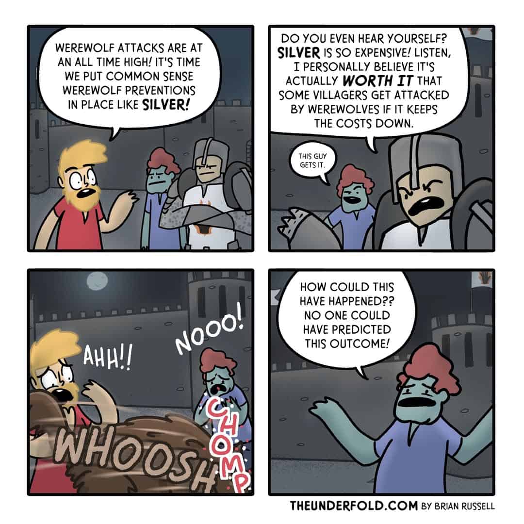 A dark humor comic satirizing corporate greed prioritizing profit over public safety.