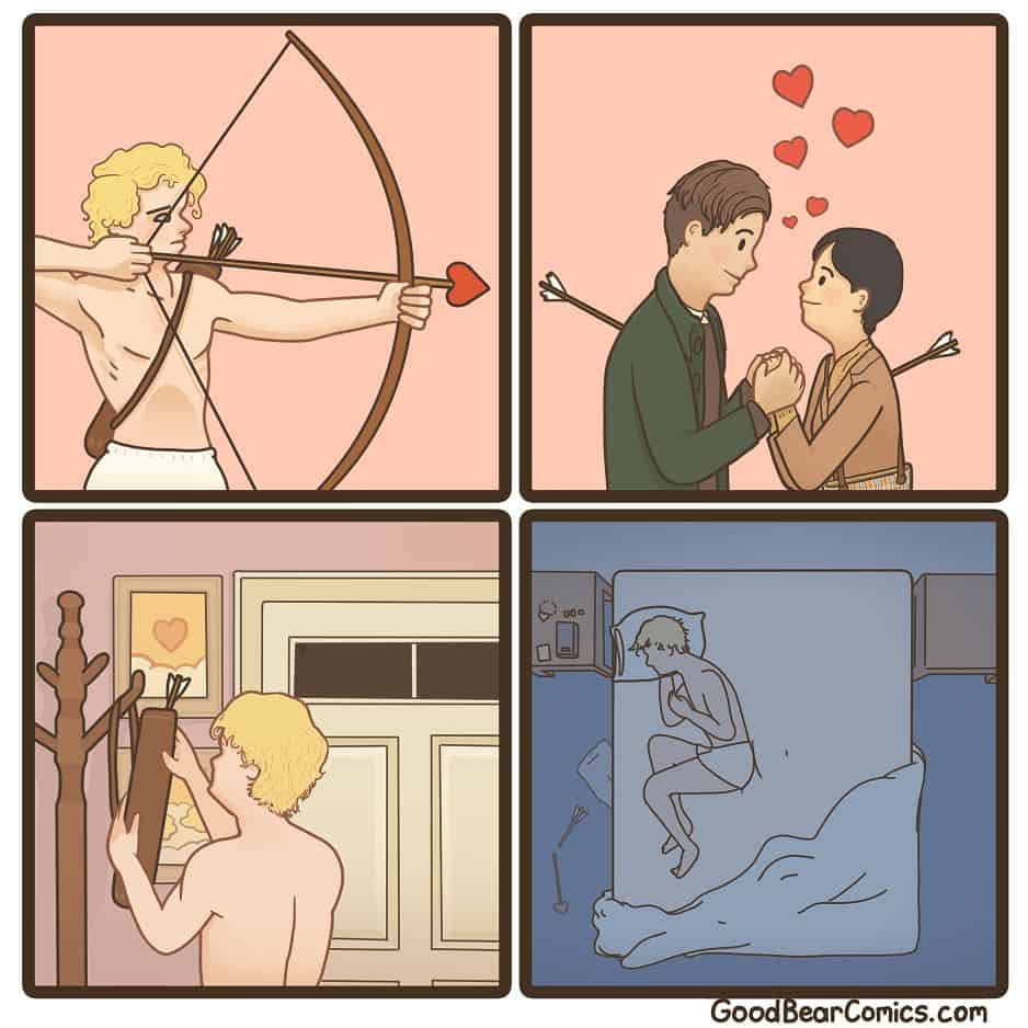 A sad dark humor comic showing the lonely life of Cupid after he makes other people fall in love.