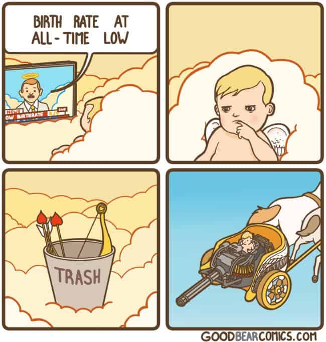 A wild dark humor comic showing Cupid being replaced by a baby with a machine gun due to low birth rates