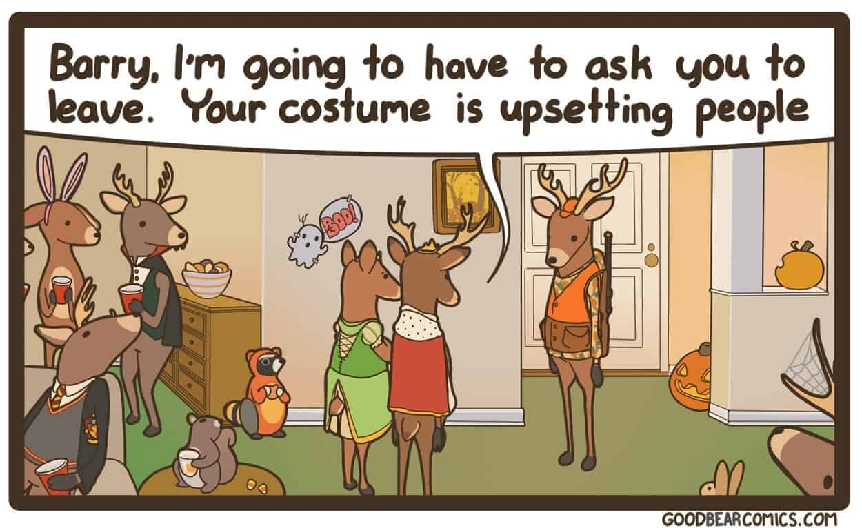 A Halloween-themed dark humor comic where a deer wears a hunter costume to a party.