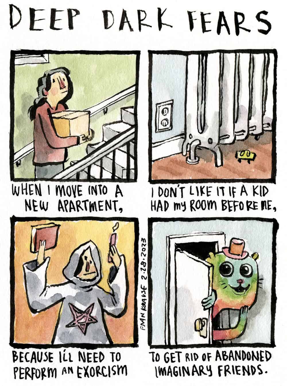 A Deep Dark Fears comic about exorcising abandoned imaginary friends from a new apartment.