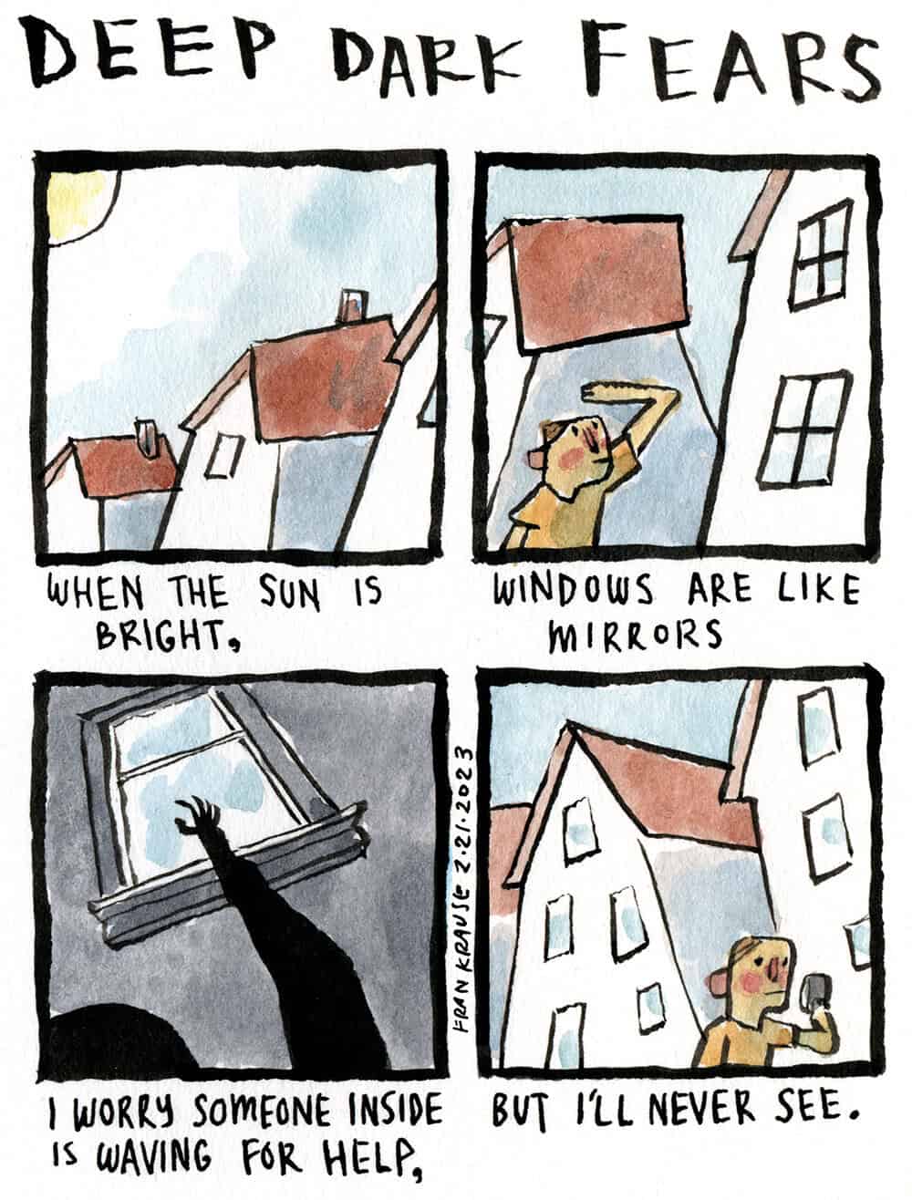 A comic showing the fear of not seeing someone waving for help inside a reflective window.